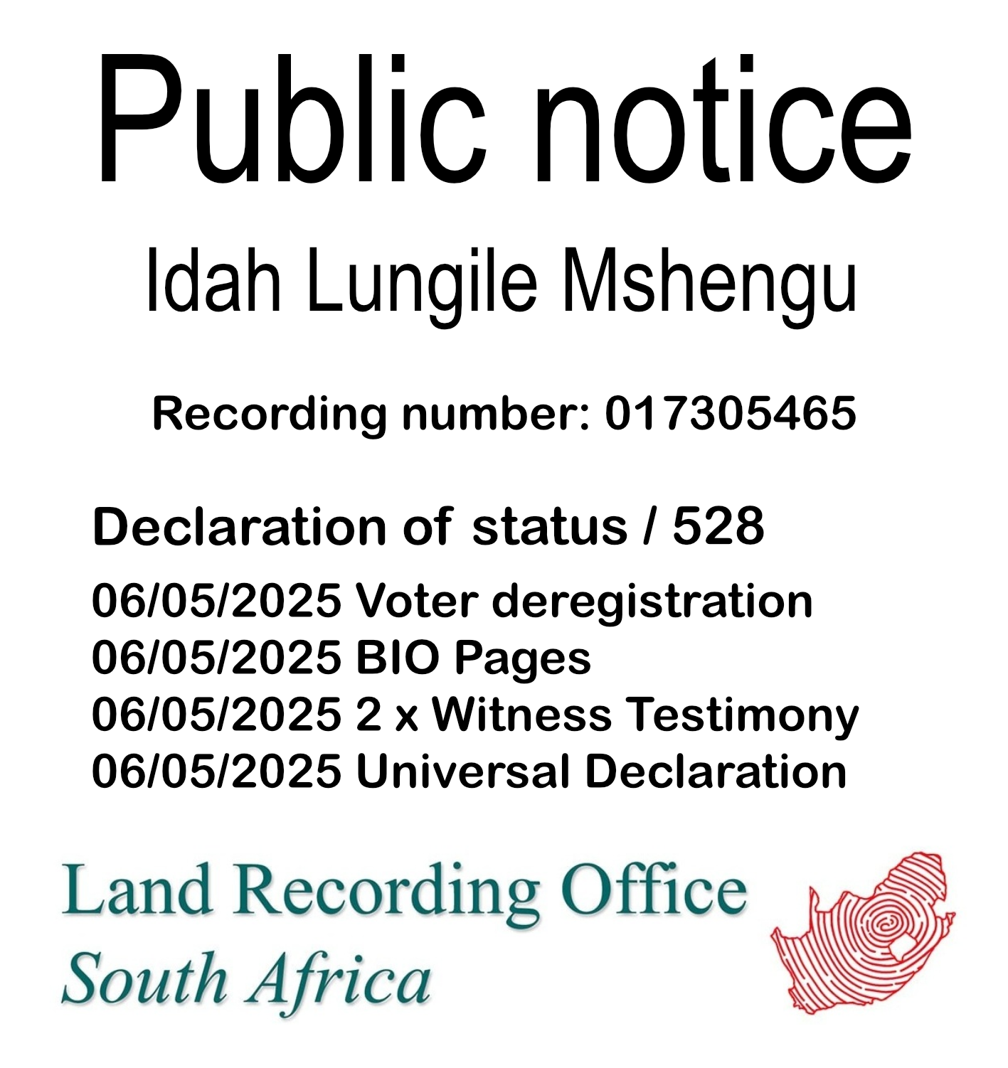 Public Notice Idah Lungile Mshengu (c) Recording number 017305465